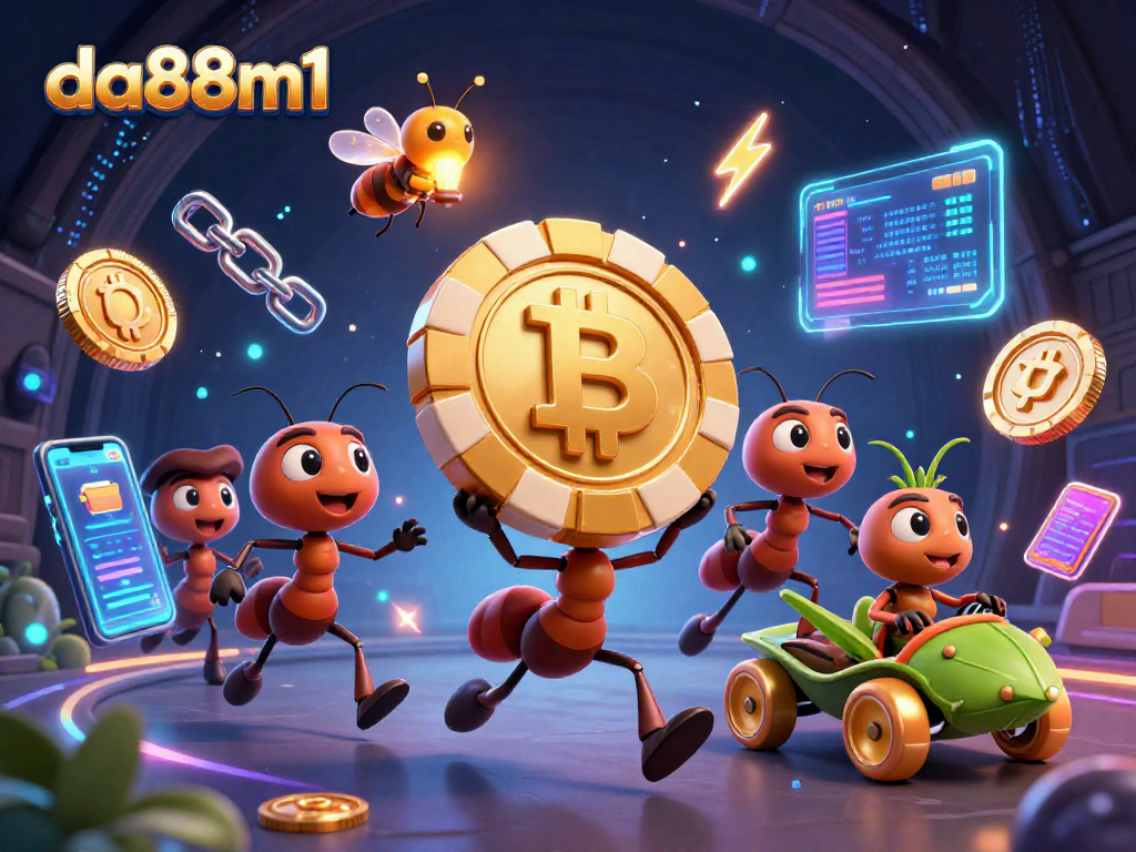 Join the heist with da88m1's ants carrying a golden poker chip in a vibrant casino scene.