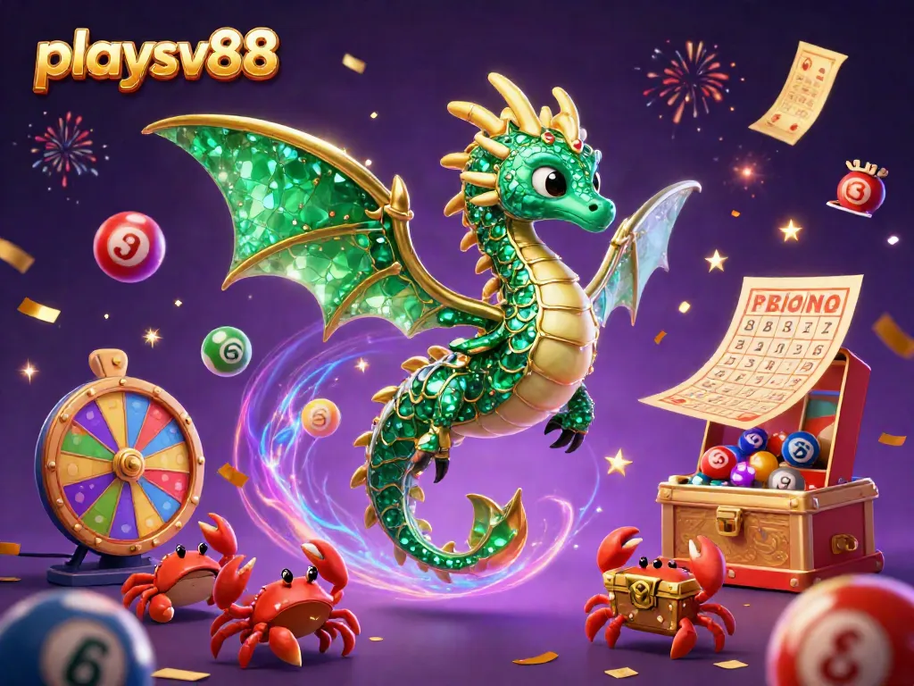 Experience the excitement of playsv88 with a vibrant casino-themed illustration, featuring a sea dragon, treasures, and lottery elements.