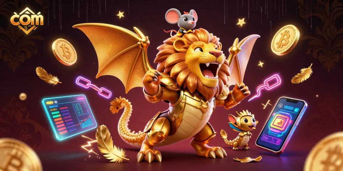 Engage with com at this vibrant online casino illustration featuring a golden chimera and crypto elements.