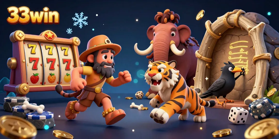 Players enjoy thrilling slot games at 33win's engaging prehistoric casino featuring vibrant characters and dynamic gameplay.