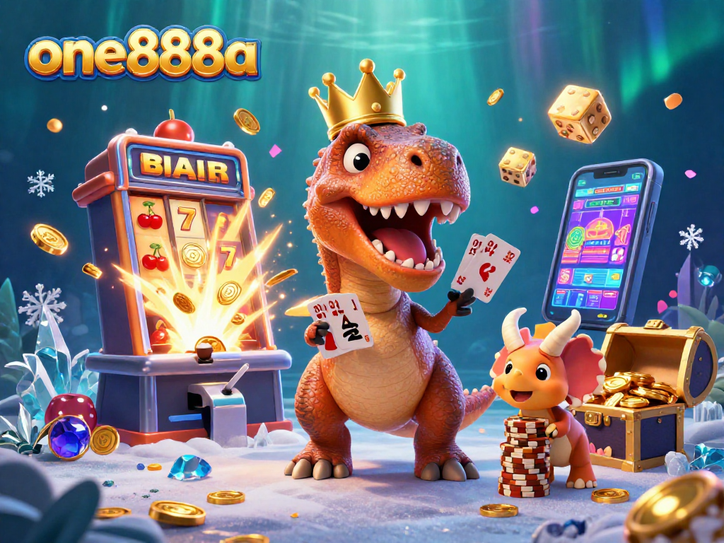 Experience thrilling wins at one888a with a vibrant underwater casino scene featuring animated dinosaurs.
