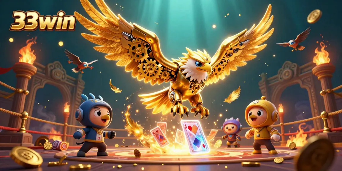 Experience thrilling gameplay with 33win’s vibrant 3D eagle illustration amidst festive casino elements.