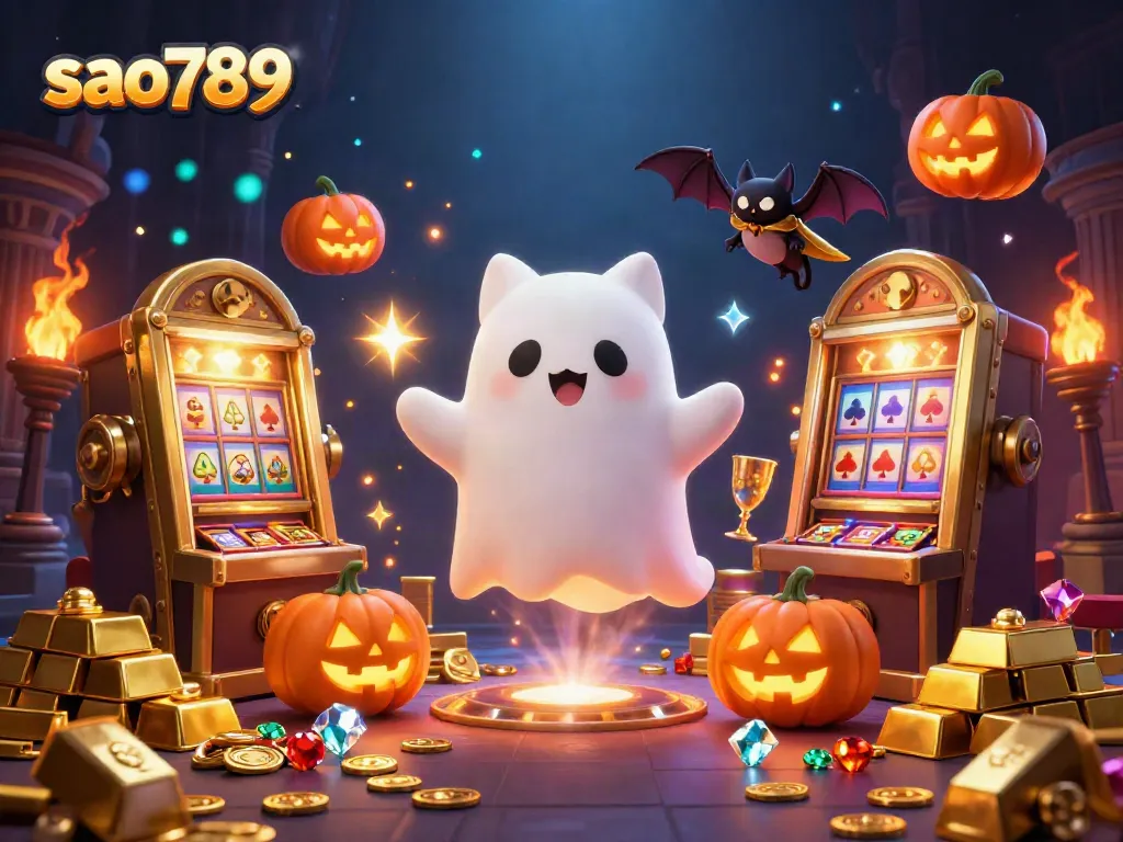 Vibrant casino scene featuring sao789 with a ghost cat, vampire bat, and glowing jack-o-lanterns.