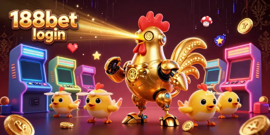 Engage in exciting gaming adventures with the 188bet login featuring a futuristic golden rooster robot and baby chick drones.