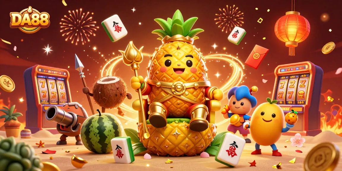 Experience thrilling gameplay at DA88 with a vibrant casino scene featuring festive characters and gaming elements.