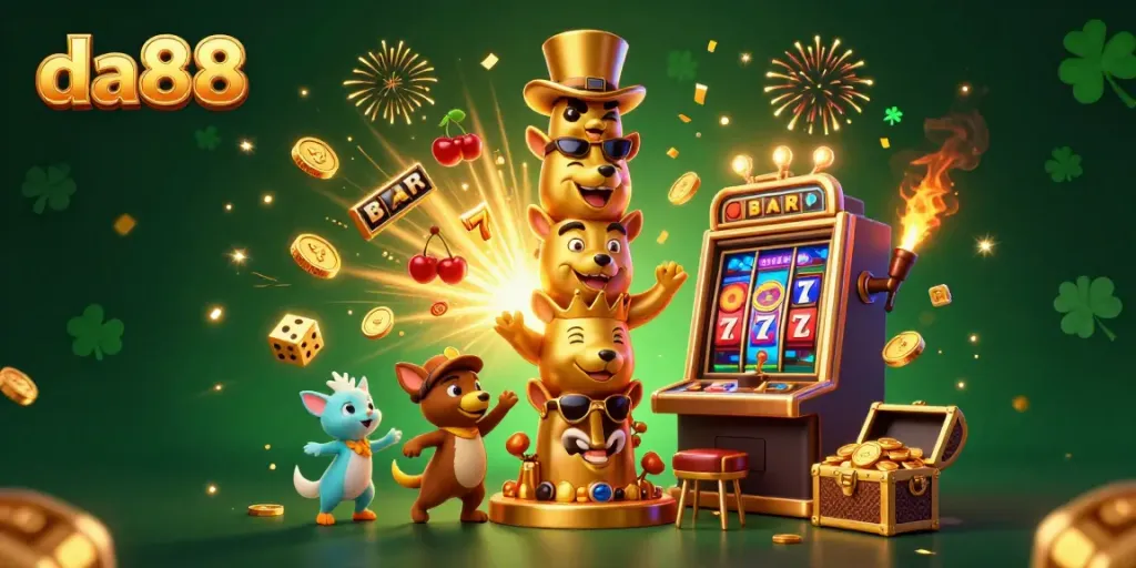 Experience the thrill of da88 with a vibrant 3D casino scene featuring dynamic casino elements and a golden totem.