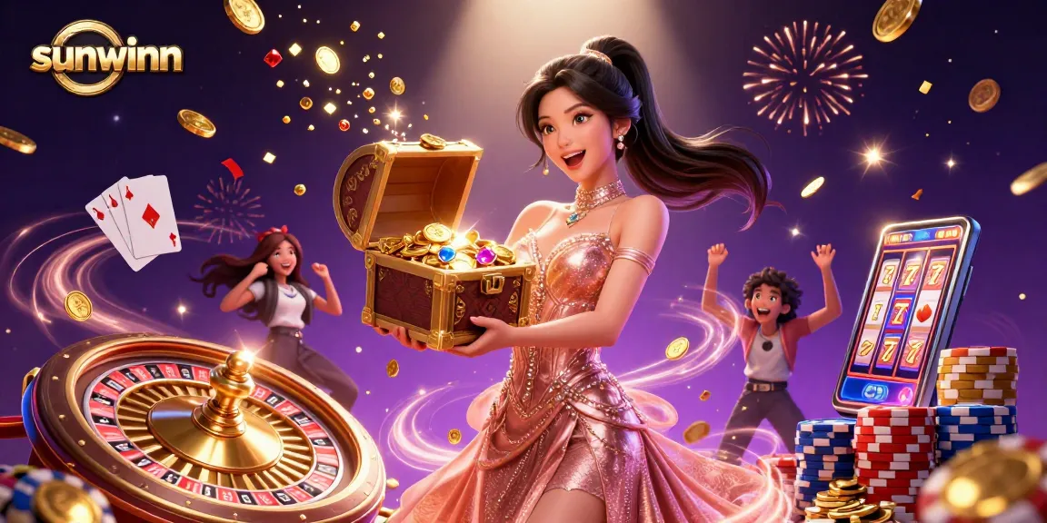 Experience excitement with sunwinn as a joyful woman unveils treasures in a dazzling casino scene.