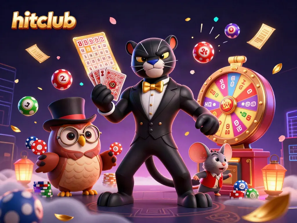 Hitclub showcases an exciting online casino atmosphere with vibrant scenes of card dealing and fun gaming elements.