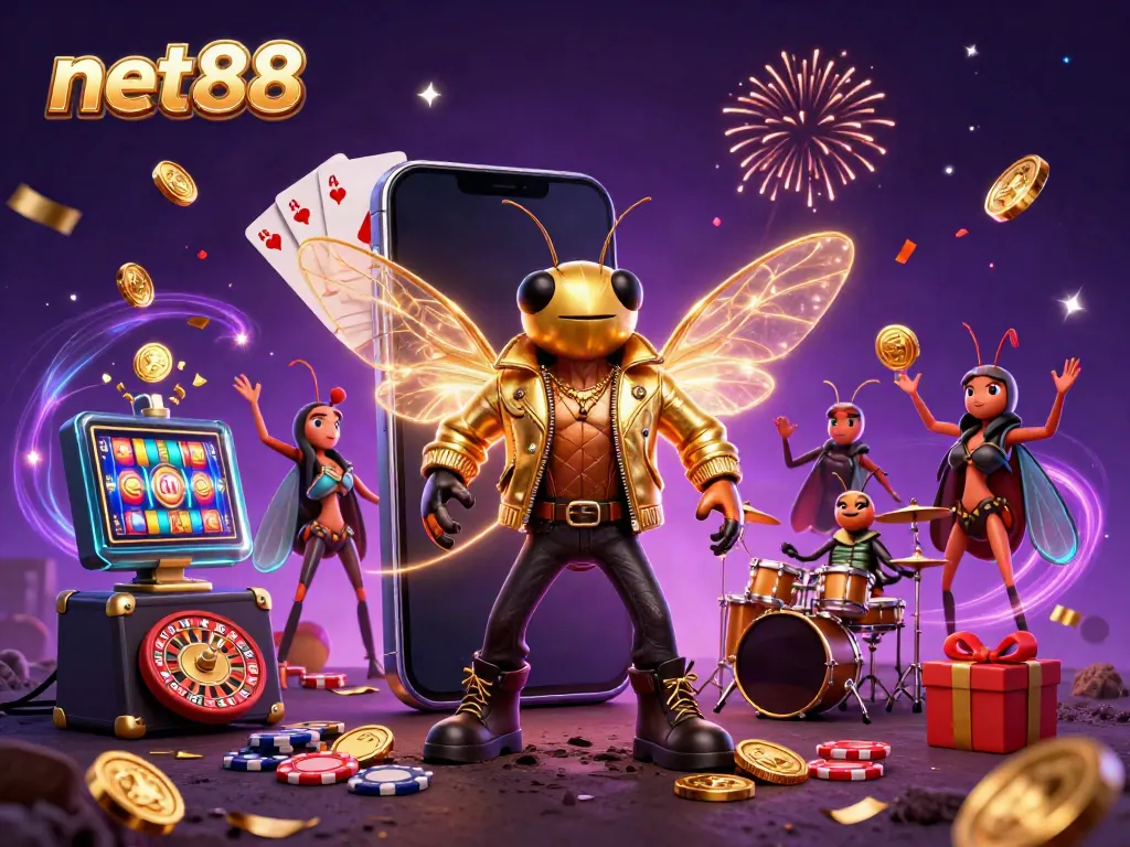 Experience the thrill of net88 with an electrifying rock star performance in a vibrant casino scene.