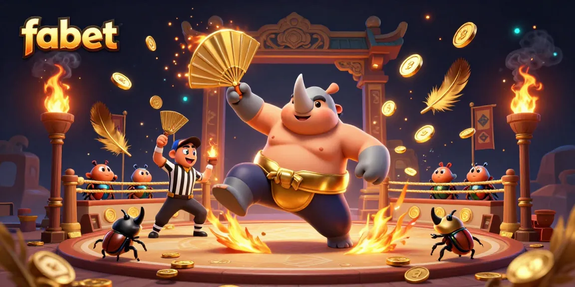 Fabet's dynamic casino scene features a beetle champion celebrating with coins, showcasing vibrant gambling atmosphere.