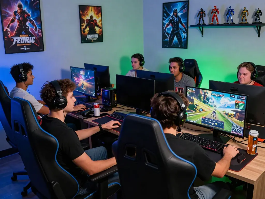 Men enjoying gaming at Manclub's vibrant lounge with LED lights and high-end equipment.