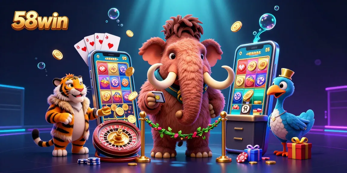 Experience thrilling gambling action with 58win's vibrant 3D casino scene showcasing unique characters and games.