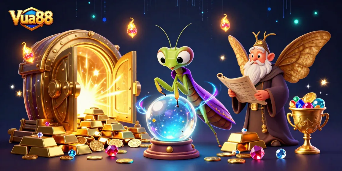 Vua88 players win big with colorful fortune teller characters and treasures galore in a captivating casino scene.