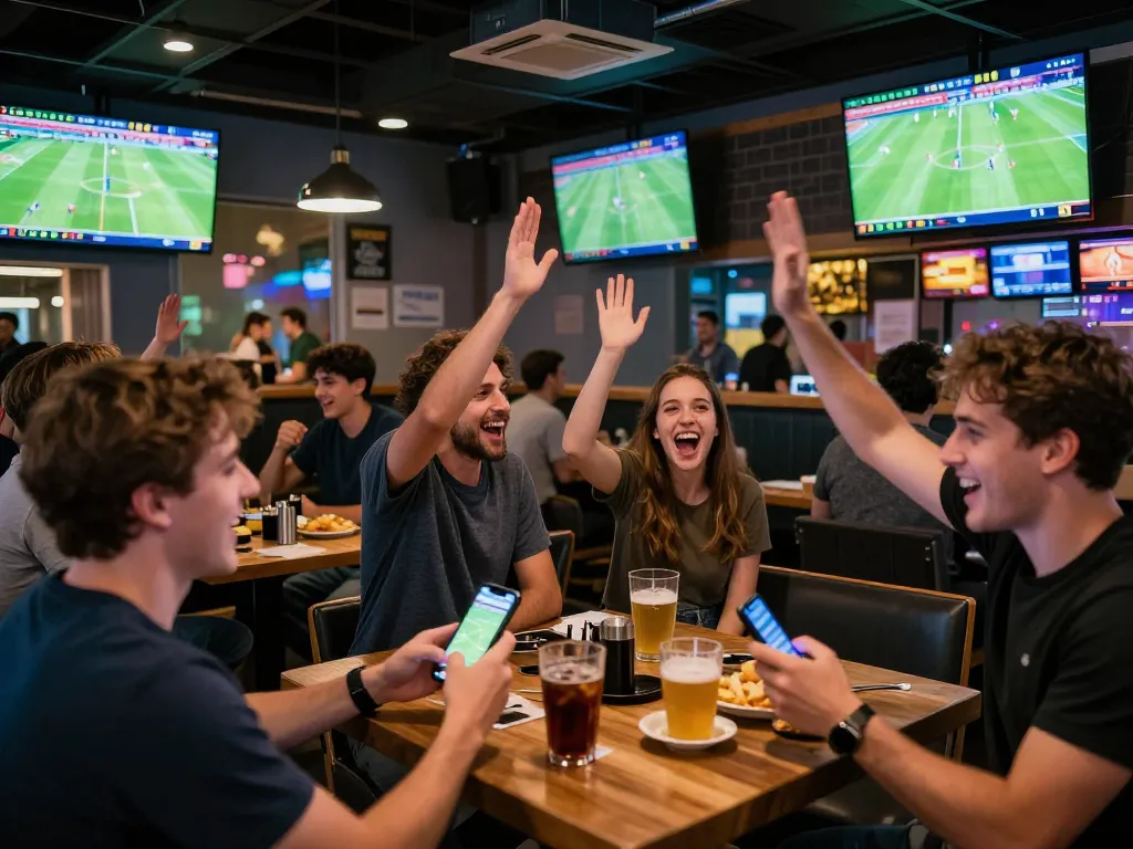 Excited sports enthusiasts engaged in tỷ lệ bóng đá kèo nhà cái during a lively betting session in a sports bar