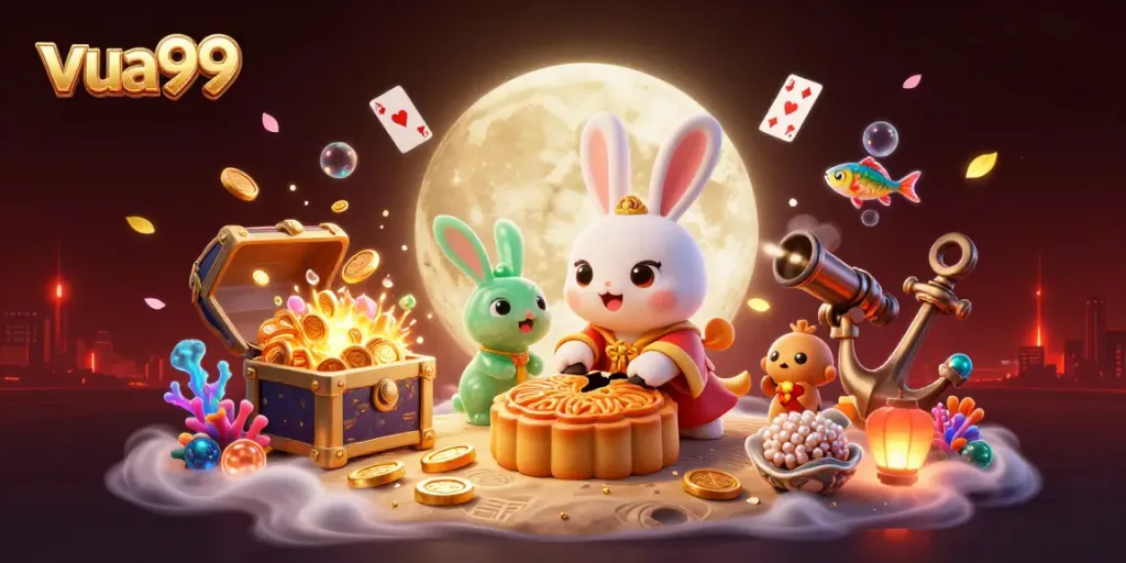 Win big with slots and poker chips revealed by a moon rabbit at vua99 casino.
