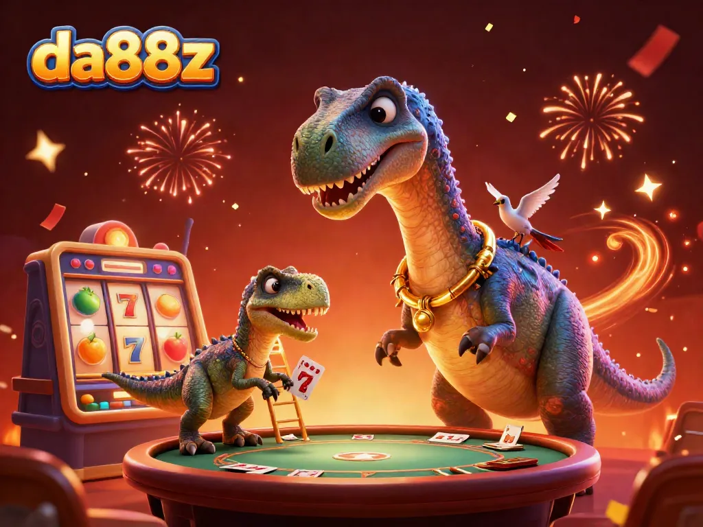 Experience excitement at da88z with a playful brontosaurus overseeing a vibrant casino scene.