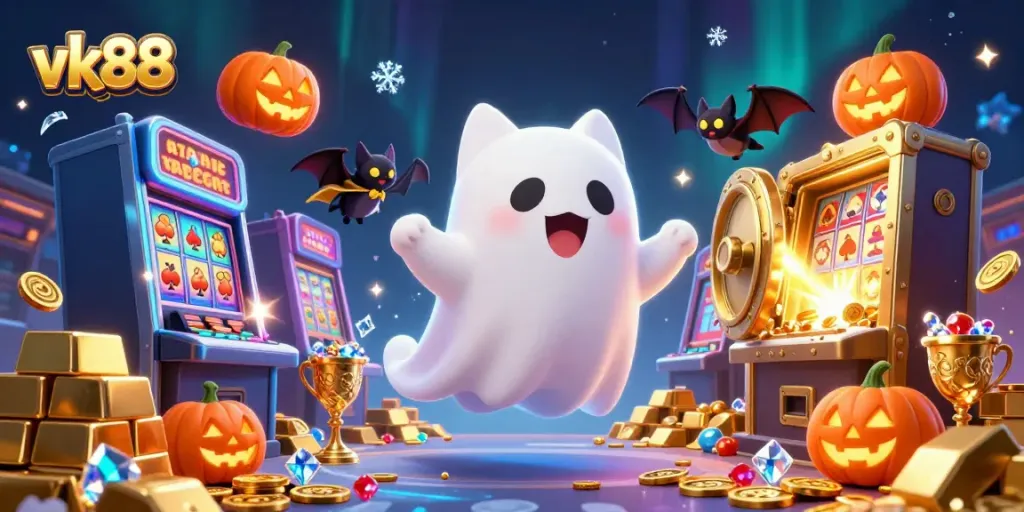 Experience fun at vk88 with a ghost cat, bat, and glowing jack-o-lanterns in a vibrant casino.
