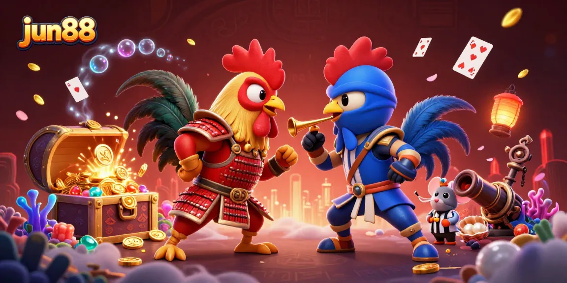 Engage with the action at jun88 as roosters battle it out in a vibrant, animated casino-themed showdown.