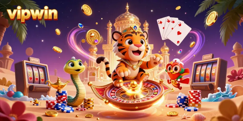 Experience the exciting world of vipwin with a tiger sultan on a poker chip carpet, surrounded by lively casino elements.