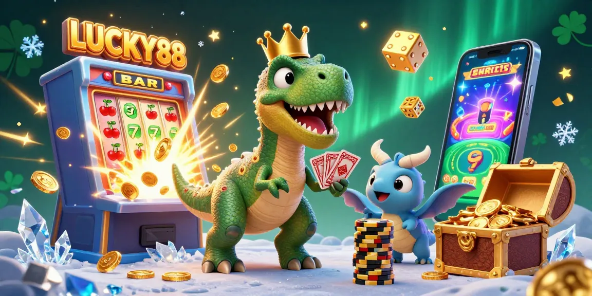 Engage with LUCKY88's thrilling slot machine experience featuring a T-Rex, pterodactyl, and triceratops.