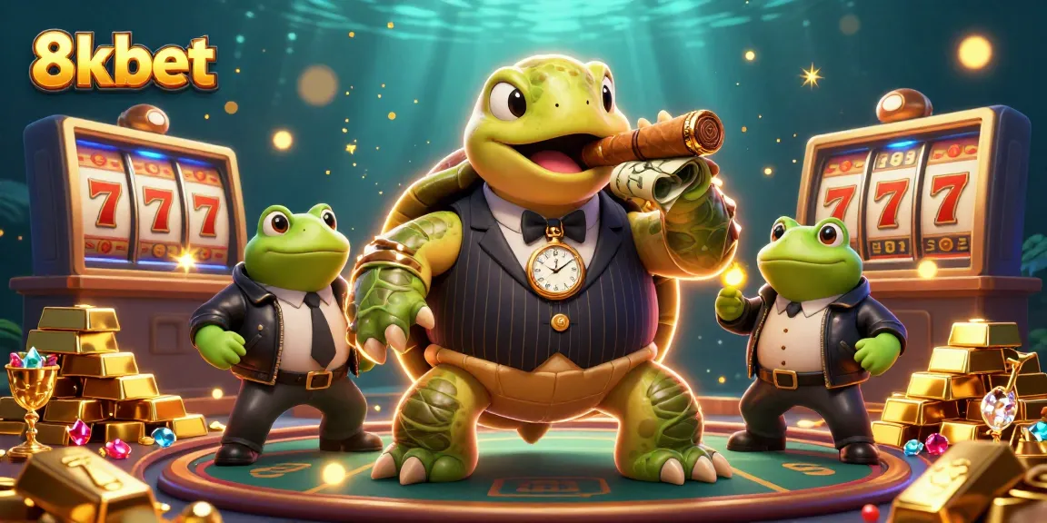Engage with 8kbet's thrilling 3D gambling illustration featuring a snapping turtle in a mobster suit, surrounded by vibrant slot game elements.