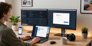 WPS Download page displayed on a sleek laptop in a modern workspace, showcasing productivity tools in use.