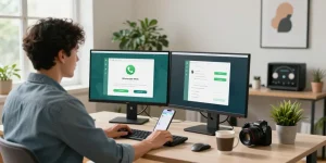 Engaged professional using WhatsApp網頁版 on dual monitors in a stylish home office.
