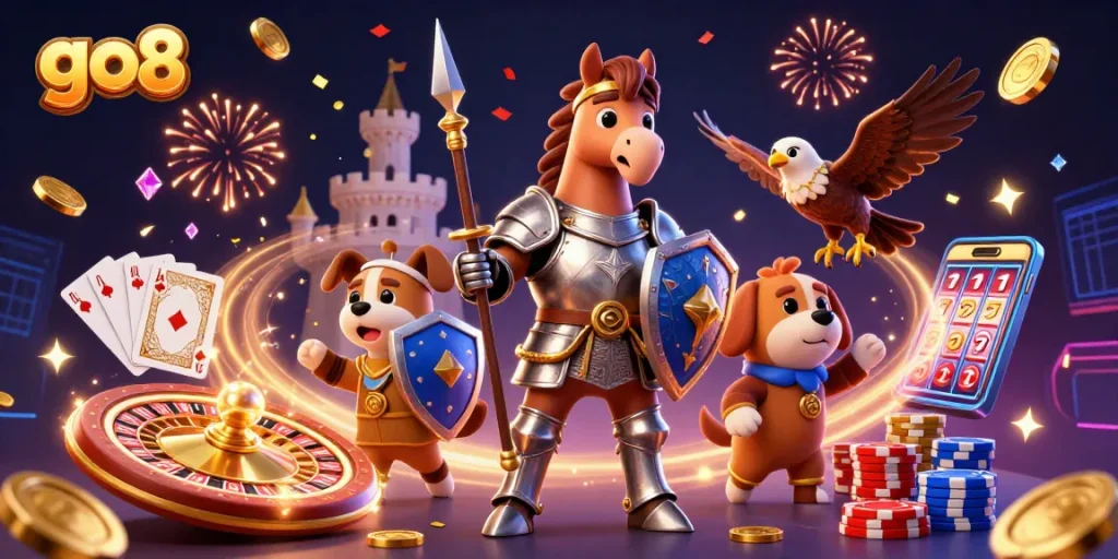 Go8 offers high-stakes fun with a lively scene of a knight, squire, and falcon amidst sparkling casino elements.