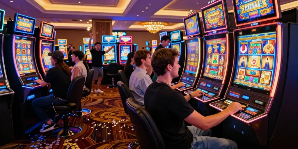 Exciting scene of players celebrating a big win on a slot gacor machine in a vibrant casino