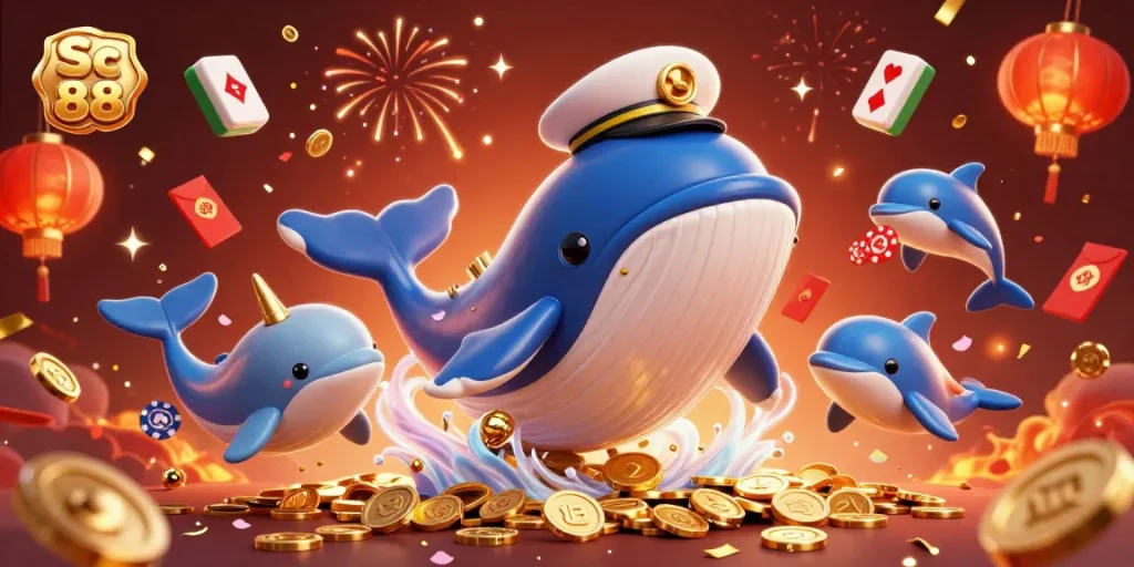 Experience the excitement of Sc 88 with a whale breaching through coins and playful dolphins showcasing poker skills.