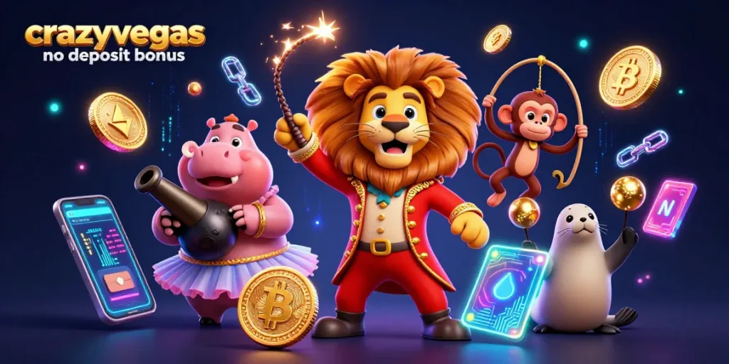 Experience the excitement of the crazyvegas no deposit bonus with animated circus characters celebrating fun and winnings!