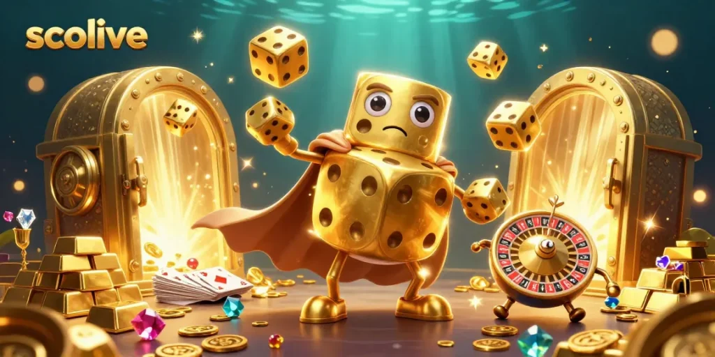 Socolive showcases an exciting 3D scene with a golden dice character and casino elements.